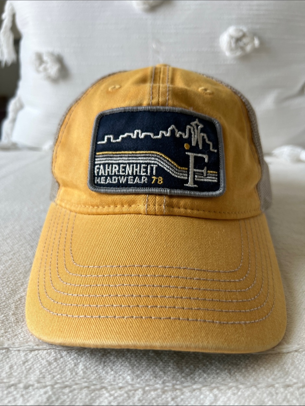 Fahrenheit men’s Mustard Yellow Mesh-Back Cap with Navy Patch
